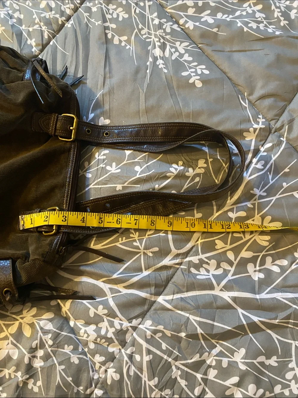Corduroy and Faux-Leather Olive Green Small Shoulder Bag
